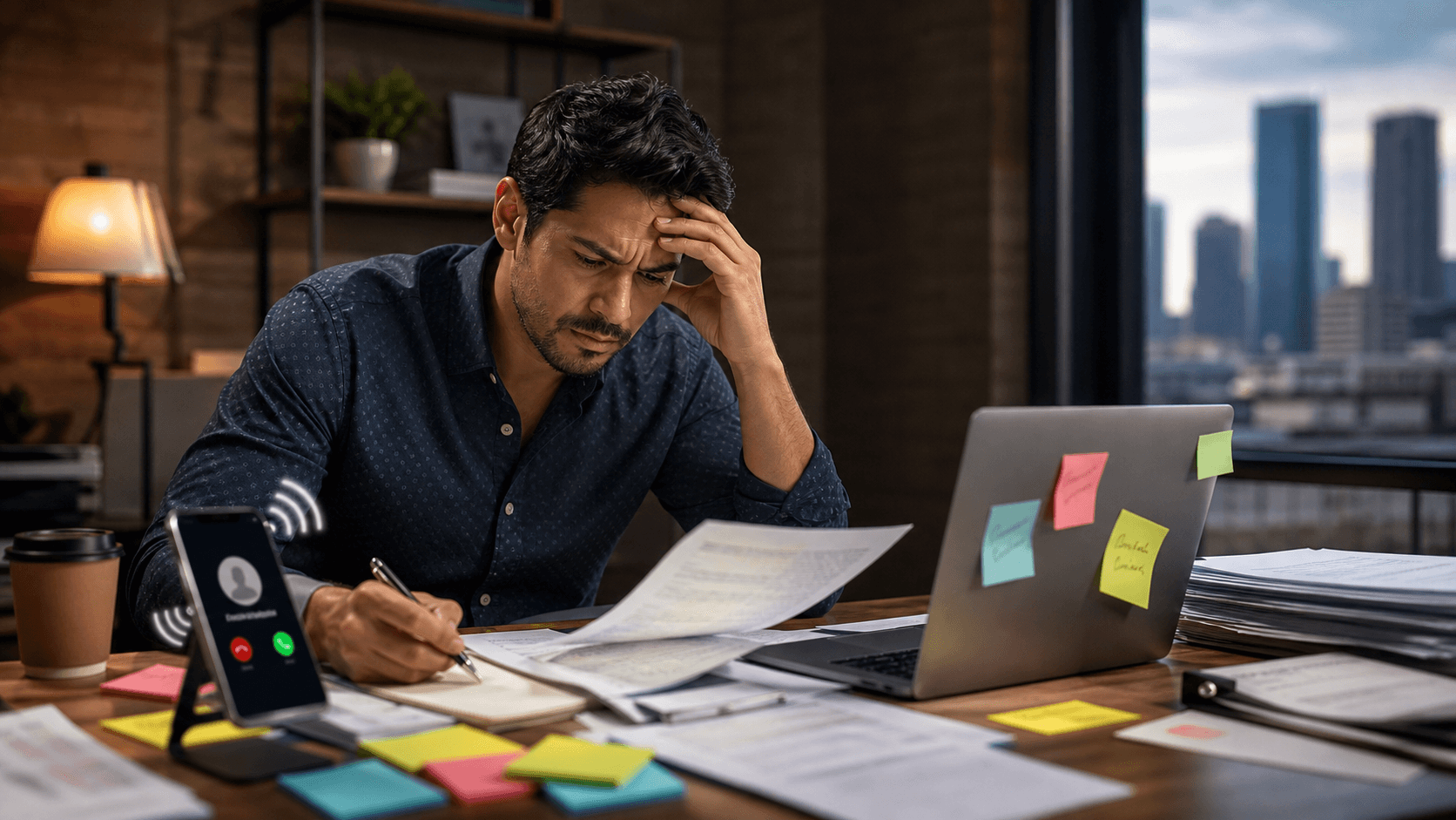 A small business owner overwhelmed by calls, notes, and paperwork.